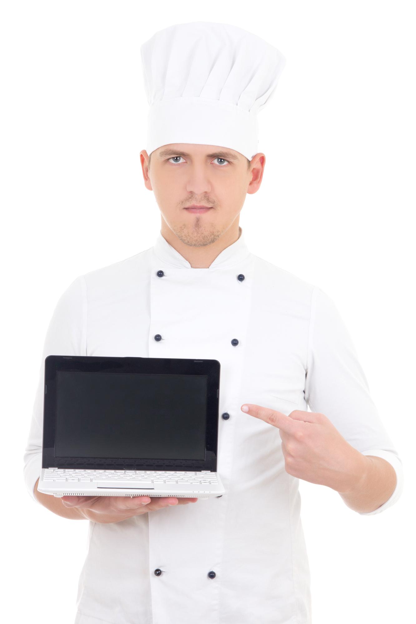 Chef teaching quick meal technique on laptop